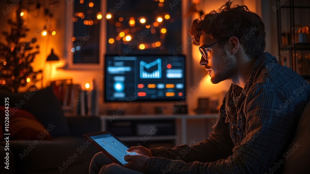 Poster man monitoring his home energy usage on a tablet in a modern, eco-friendly smart apartment stock pho