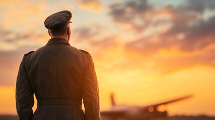A soldier gazes at the sunset, symbolizing reflection and bravery in a serene landscape.