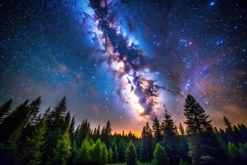 Night sky with Milky Way over forest and trees
