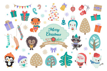 Fototapeta premium Cute Christmas clipart collection - cartoon animals and winter holiday symbols. Flat design elements vector illustration. Whimsical characters - penguin, polar bear, hedgehog, raccoon, fox, snowman.