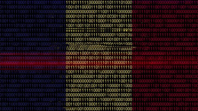Binary code on flag of Romania. Program source code or Hacker concept on Romanian flag. Romania digital technology security, hacking or programming concept.
