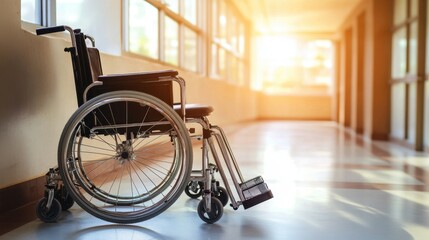 A comfortable, padded wheelchair sits in a peaceful hallway, sunlight filtering through windows, representing patient comfort.