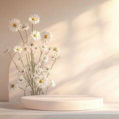 Simple 3D render mockup in a minimalistic design with a podium set in the lower left corner surrounded by subtle daisies on a seamless pastel background and a blank top right area