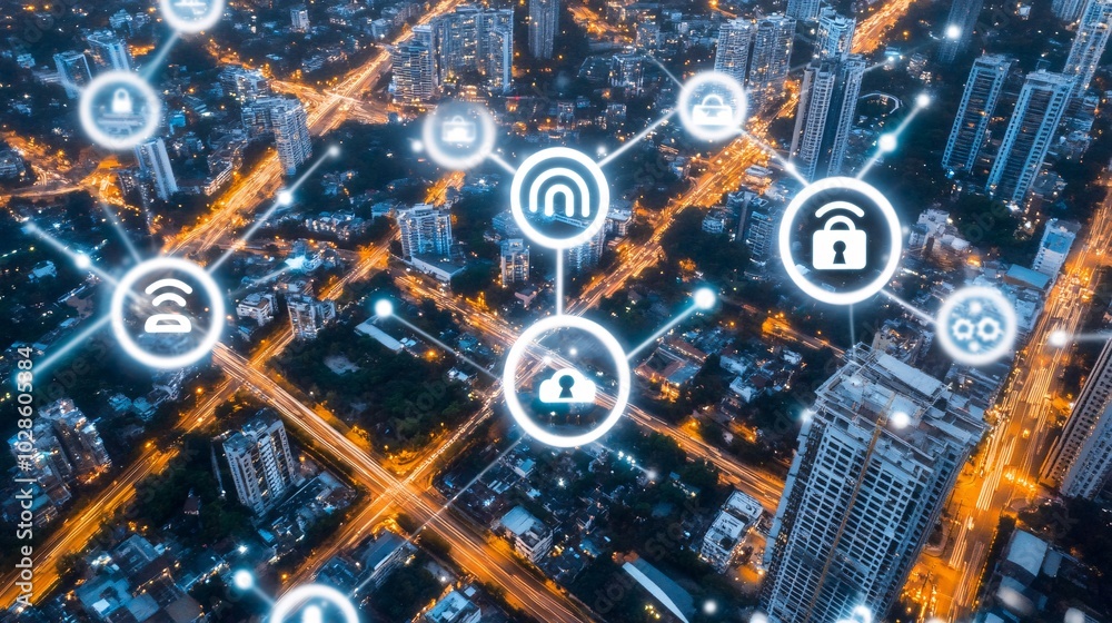Poster Smart traffic management systems controlling city traffic flow through interconnected digital platforms Stock Photo with side copy space