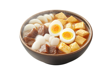 Steaming oden with assorted ingredients including boiled eggs, daikon, and konnyaku on a transparent background
