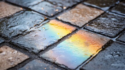 Colorful Reflection on Wet Cobblestone Surface