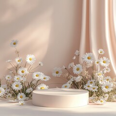 Simple 3D render mockup in a minimalistic design with a podium set in the lower left corner surrounded by subtle daisies on a seamless pastel background and a blank top right area