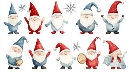 Festive holiday gnomes illustrated in watercolor,  cute winter friends in playful poses. This collection of clipart captures Christmas cheer, perfect for holiday-themed designs.