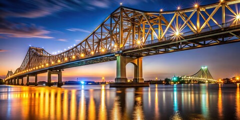 Fototapeta premium Night view of Baton Rouge bridge over Mississippi River in Louisiana with blurred lights in foreground