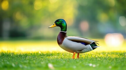 Cute duck standing on green grass in open space