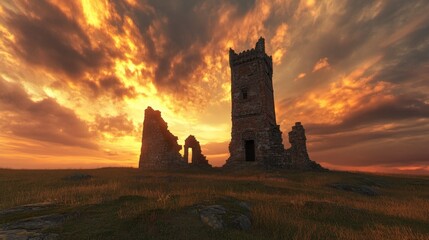 Obraz premium Ruins of an Ancient Castle at Sunset