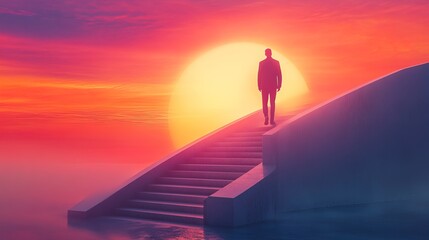 Businessman climbing stairs towards success at dawn illustration 