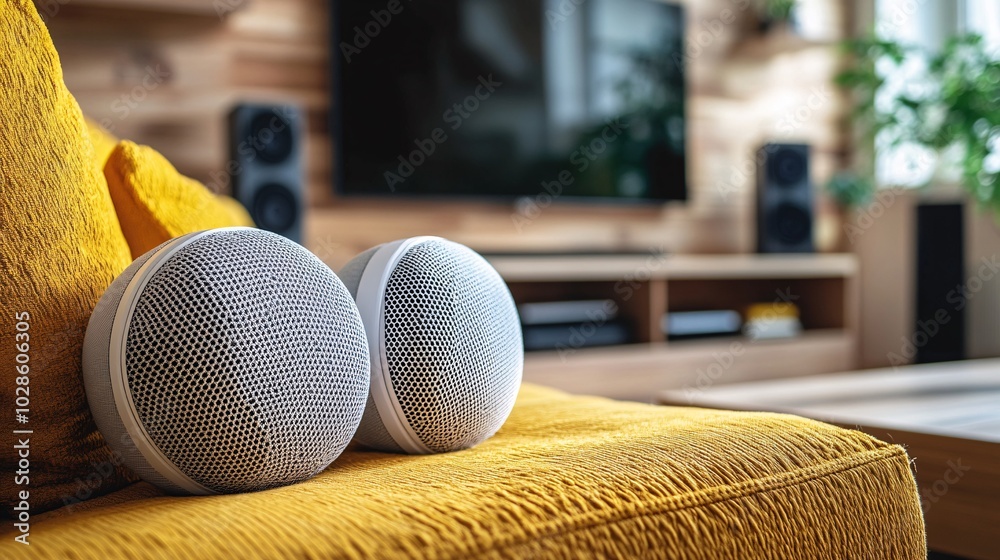 Poster person setting up a home theater system using voice commands in a high-tech urban living room stock 