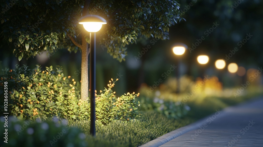Poster Smart public lighting systems adjusting based on environmental conditions in a futuristic urban area Stock Photo with side copy space
