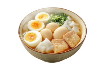 Steaming oden with assorted ingredients including boiled eggs, daikon, and konnyaku on a transparent background