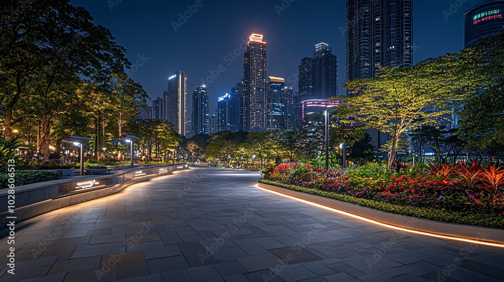 Poster smart public lighting systems adjusting based on environmental conditions in a futuristic urban area