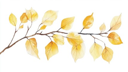 Charming hand-painted watercolor branch featuring bright yellow autumn leaves, set against a clean white background. Ideal for use in invitations, decor, or other autumn-themed projects.