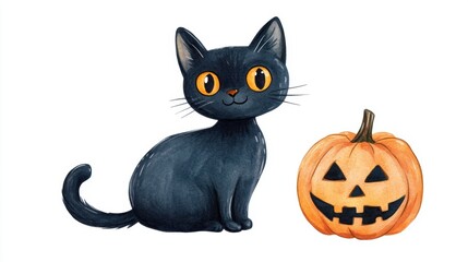 Fototapeta premium Charming watercolor depiction of a cute black cat, designed in a whimsical cartoon style, ideal for Halloween-themed projects and decorations.