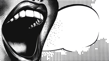 Dynamic halftone collage of a mouth shouting, accompanied by a speech bubble banner template. The design includes plenty of copy space, making it ideal for announcements or promotional materials.