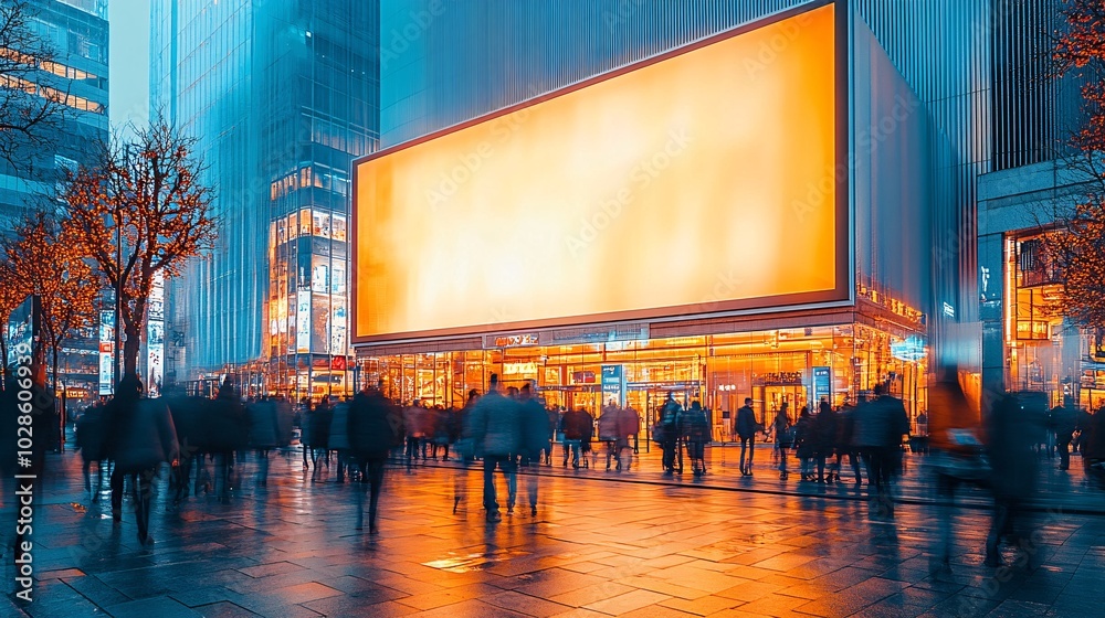 Poster interactive digital billboards and advertisements in a busy urban street filled with pedestrians sto