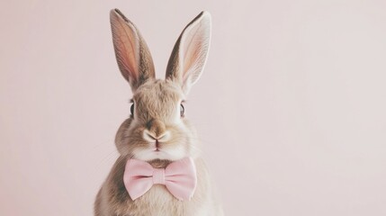 Obraz premium Stock minimalist photography of a rabbit with a gentle smile, wearing a bow tie, positioned on a white background with soft, even studio lighting