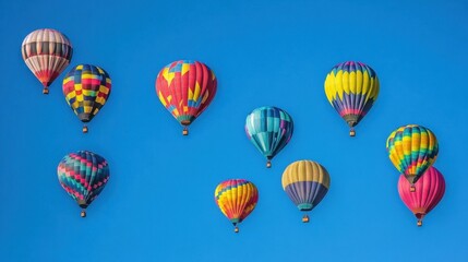 Obraz premium A group of colorful hot air balloons drift through a clear blue sky, floating peacefully in the sunlight on a perfect day.