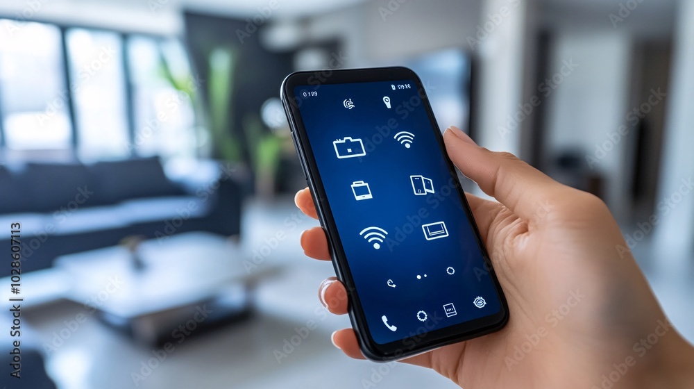 Poster person using a mobile app to control home entertainment systems and appliances in a smart city apart