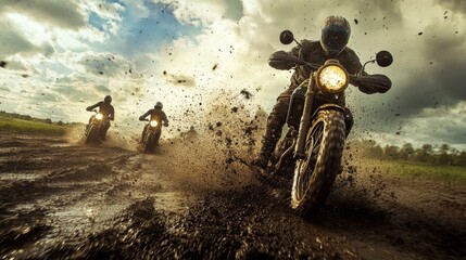 A group of friends on motorcycles tearing through a muddy field, kicking up dirt and splashing mud as clouds gather in the sky above.
