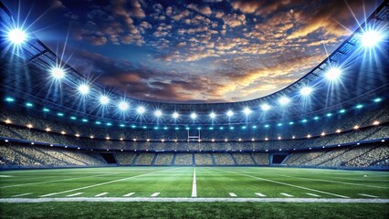 Nighttime aerial view of a large football stadium with lights shining brightly