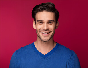 Fototapeta premium Headshot Portrait of a Smiling Man with Contemporary Style, Isolated on Color Background with Ample Copy Space