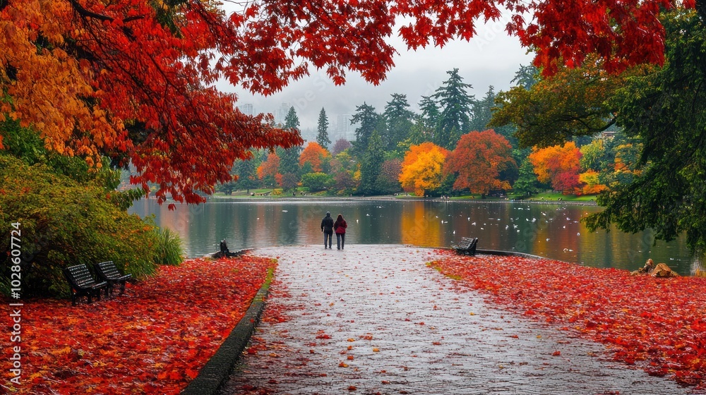 Poster Couple Walking on a Path Through Fall Foliage by a Lake