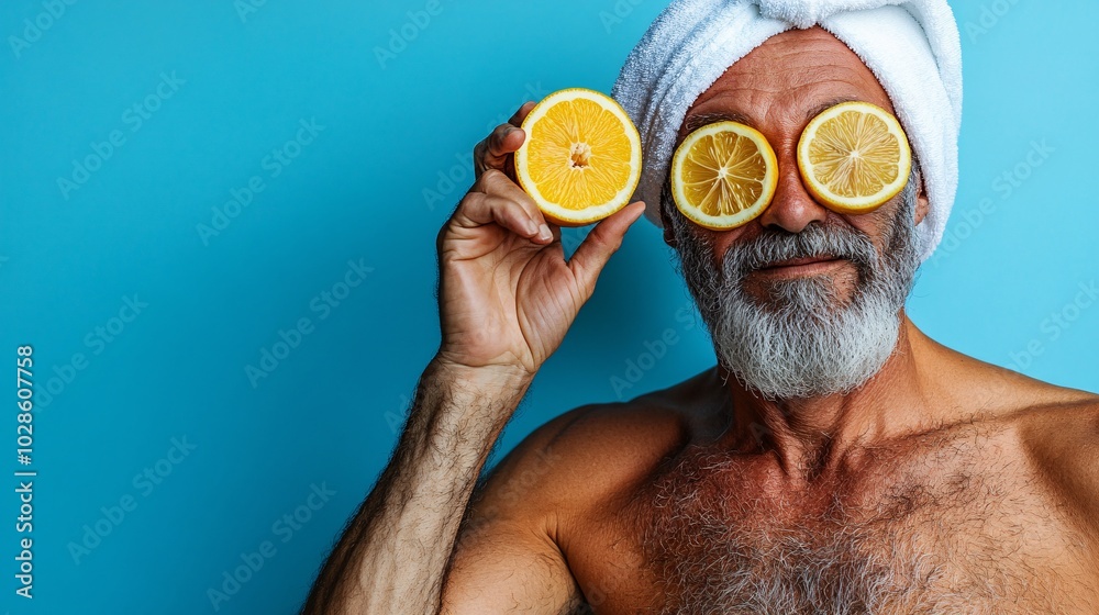 Poster elderly man posing with a white towel around his head, holding a lemon while applying slices to his 