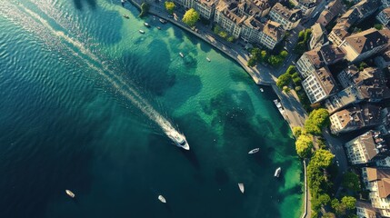 Obraz premium Up High Aerial View of Geneva City Center with Lake Leman and Boats