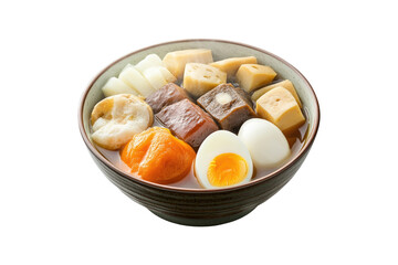 Steaming oden with assorted ingredients including boiled eggs, daikon, and konnyaku on a transparent background