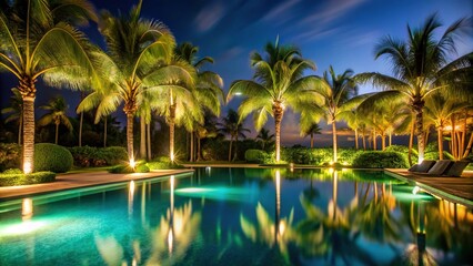 Obraz premium Nighttime pool landscape with illuminated palm trees and close-up of the pool