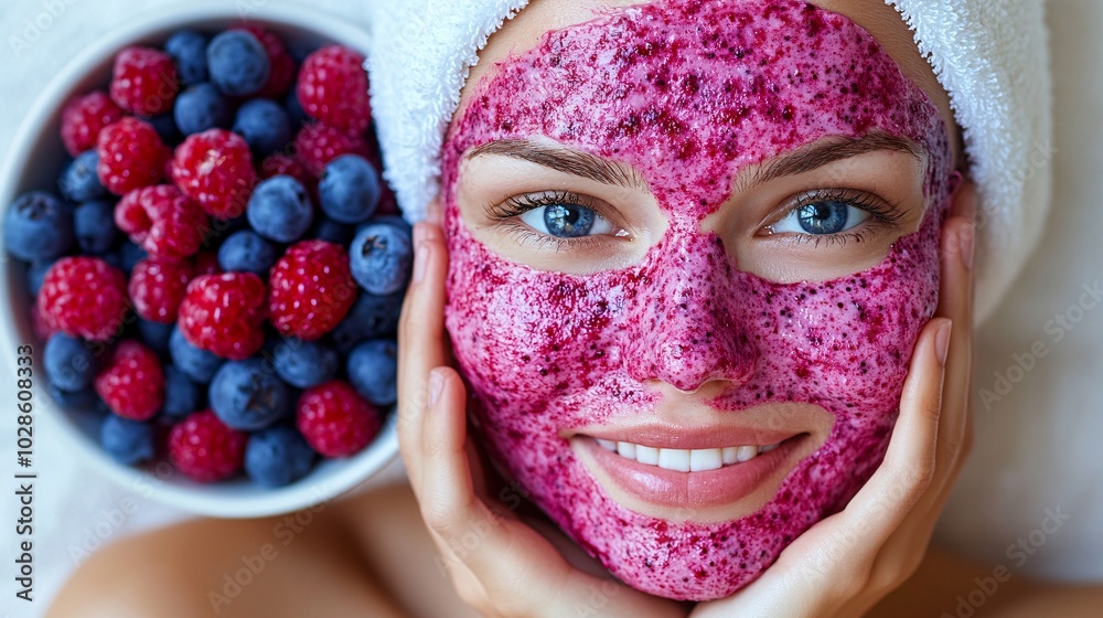 Aufkleber senior woman using mashed berries for a face mask while holding a bowl of mixed berries with a white