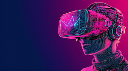 Immersive virtual reality experience with person wearing VR headset, showcasing futuristic design and vibrant colors. scene evokes excitement and innovation