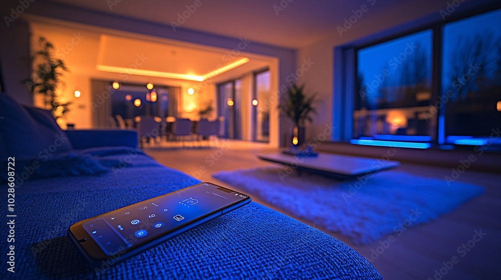 Poster Smart home living room with connected devices controlling lighting and temperature through a smartphone app Stock Photo with side copy space