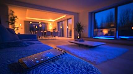 Smart home living room with connected devices controlling lighting and temperature through a smartphone app Stock Photo with side copy space