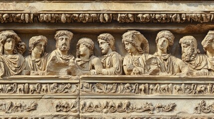 Fototapeta premium Close-up of a carved stone frieze depicting a procession of figures in classical dress. The frieze is adorned with intricate details and patterns, highlighting the craftsmanship of ancient sculpture.
