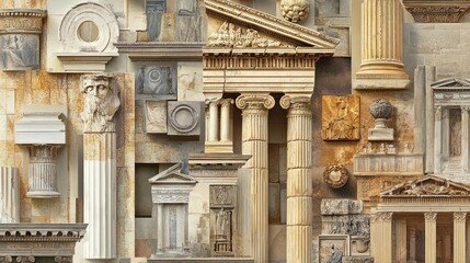 A collage of various architectural elements, primarily columns, friezes, and pediments, all in a warm beige and cream color scheme.