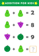 Fun Math Logic Puzzles for Kids. Math Game with Cute Fruits Pictures. Math Activities for Children. Addition for Kids.