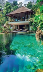 Obraz premium Tropical house with pool and lush greenery.