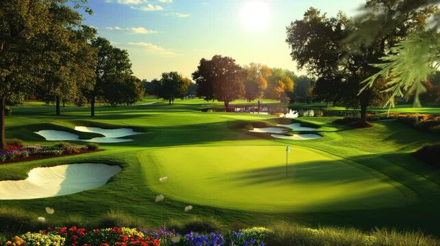 A golf course with green fairways, sand traps, and trees. Sunny day.