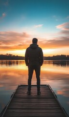 Fototapeta premium Man stands on wooden dock by lake at sunset.