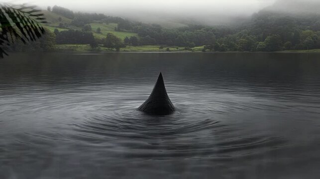 Dark, pointy object in calm lake water; surrounded by misty hills and trees.
