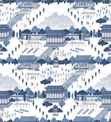 역사적으로 특별한 행사를 기록으로 남긴 한국의 풍속화를 현대적으로 다시 그린 끊김없는 패턴 벡터 일러스트레이션. 네이비 블루, 인디고 모노톤 디지털 일러스트레이션	