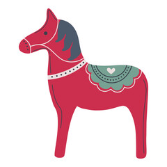 Horse. Ethnic folk art, ceramic or wooden animal figure with decorative ornament. Traditional Scandinavian Christmas symbol.  Hand drawn flat design vector illustration.
