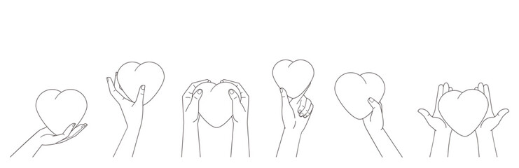 Human hands holding and giving hearts. Love symbols banner on white background. Vector illustration in outline
