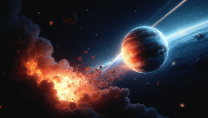 Obraz premium Kolizja dwóch ciał niebieskich. Tragedia w kosmosie. Znieszczenie i pożoga na kosmiczną skalę.